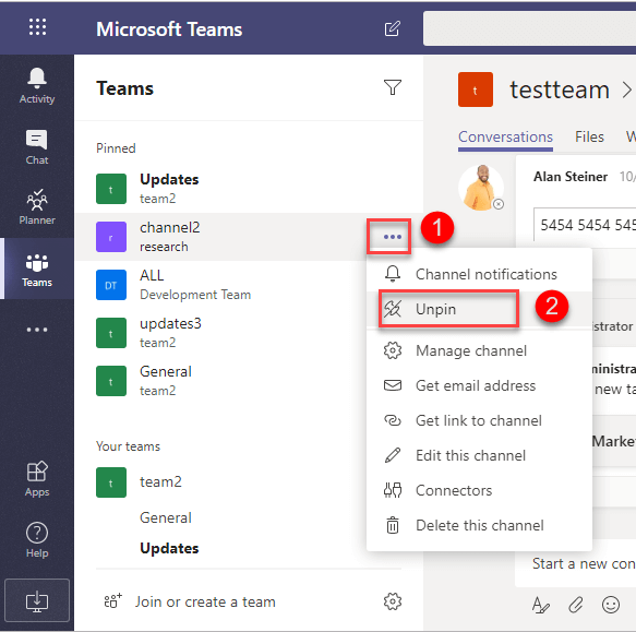 Pinned channels in Microsoft Teams