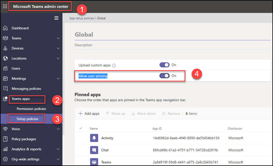Allow user pinning setting in Microsoft Teams app setup policy